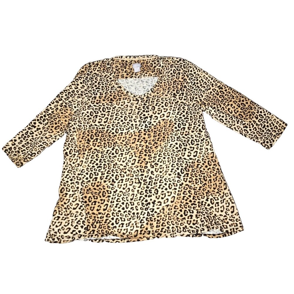 Chico's Shirt Top Women's 3 XL Leopard Print 3/4 Sleeve Animal Tunic Brown Black
